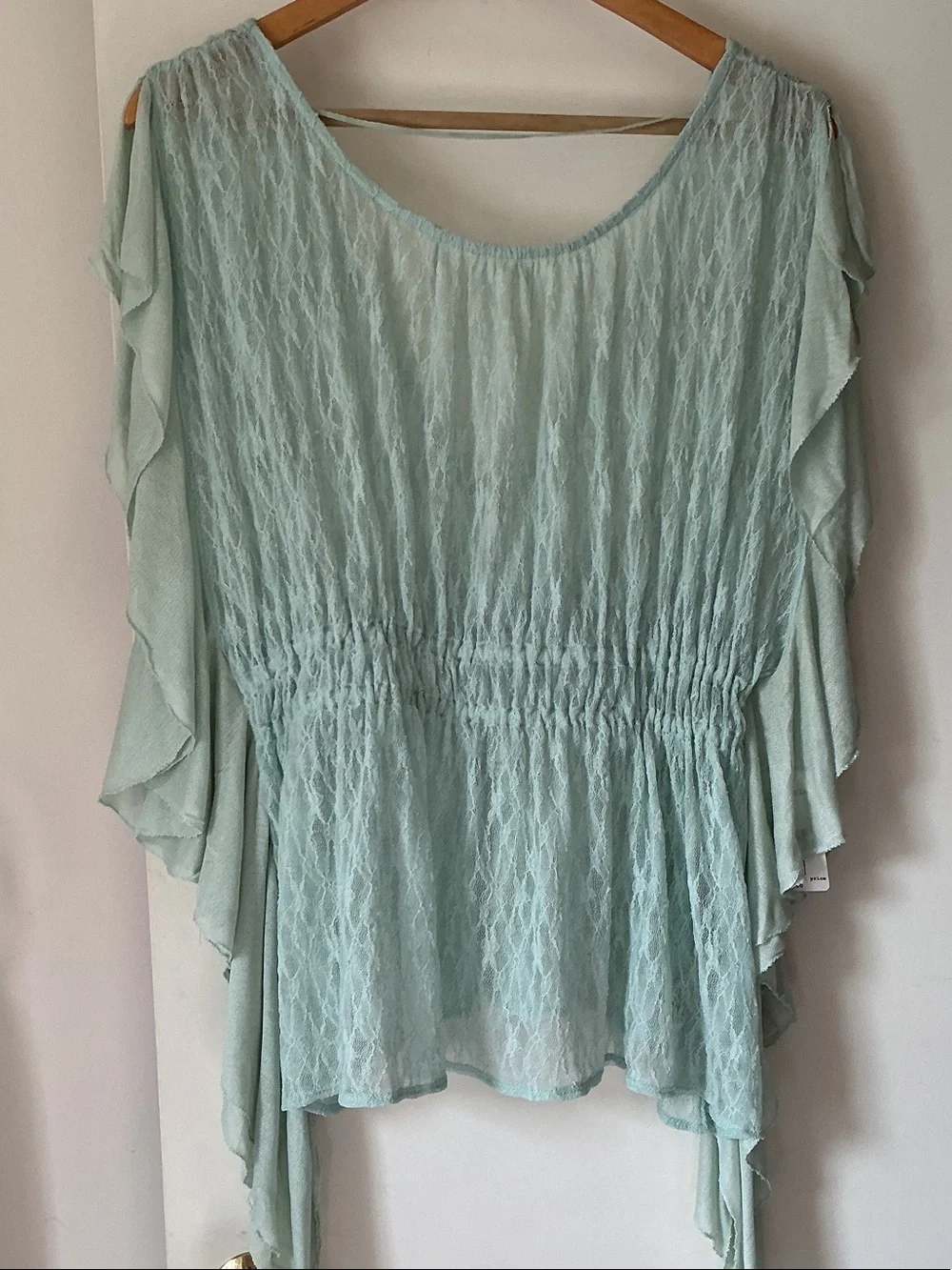 Free People Mint Lace Ruffle Sleeve Blouse